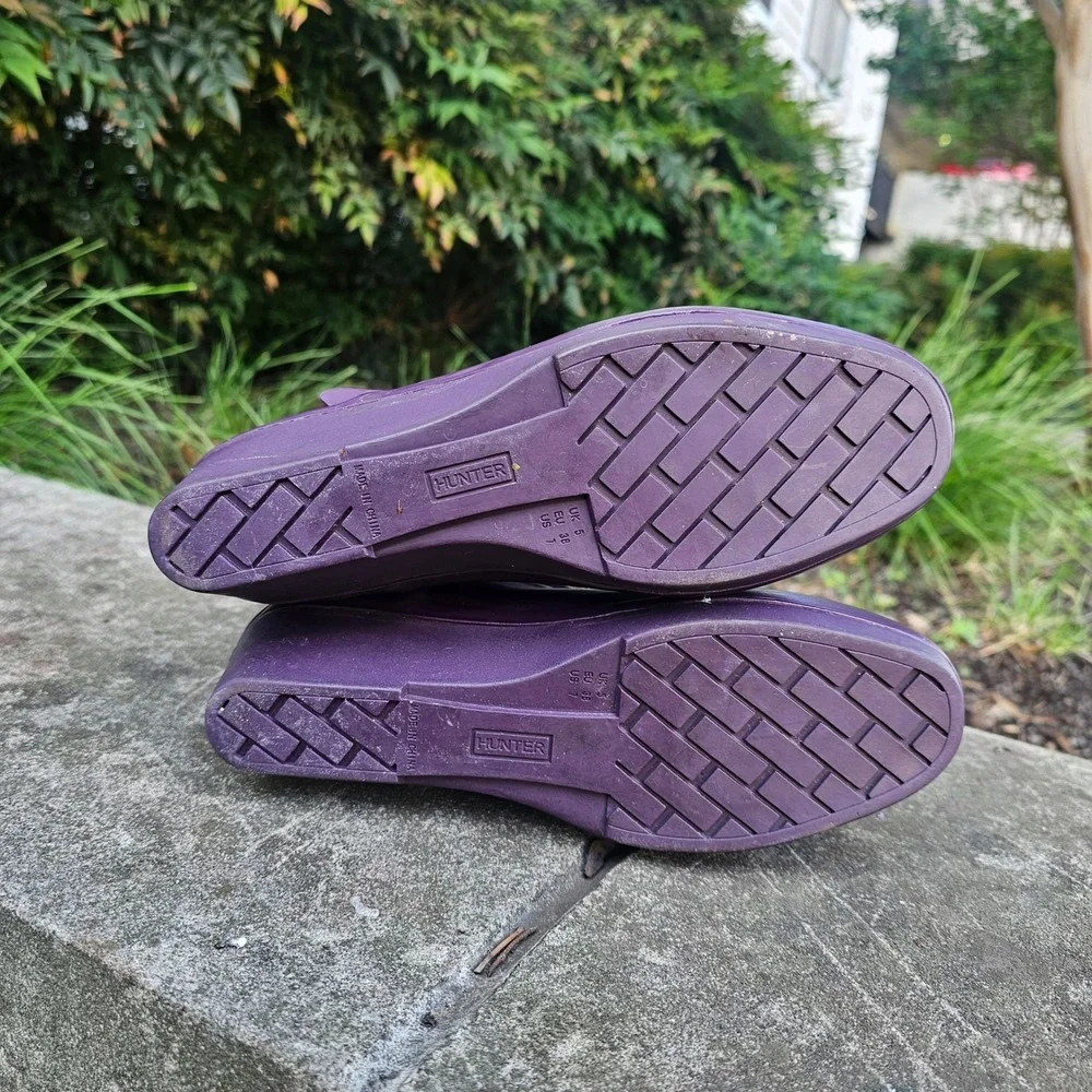 Hunter Andora Rain Boots Womens 7 Purple Wedge Tall Buckle Waterproof Twee 23954